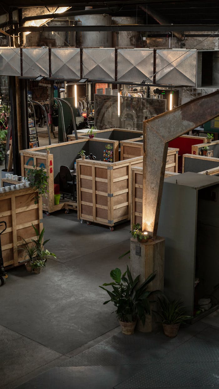 Office with Plywood Cubicles in an Old Factory